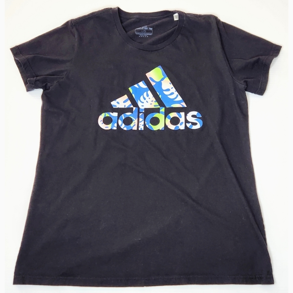 Adidas women's L multi color palm tree logo print tee-shirt